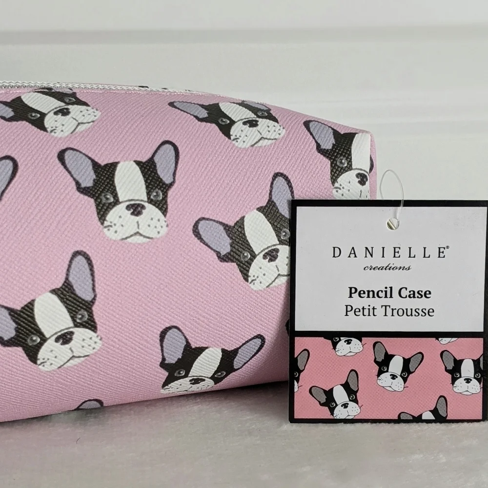 Boston Terrier Frenchie Small Cosmetic Pencil Case PVC Saffiano Pink NWT